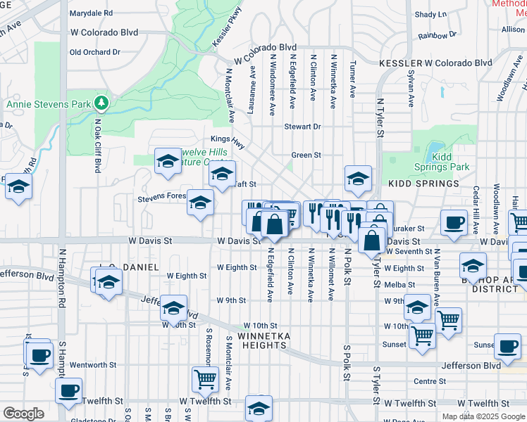 map of restaurants, bars, coffee shops, grocery stores, and more near 703 North Edgefield Avenue in Dallas