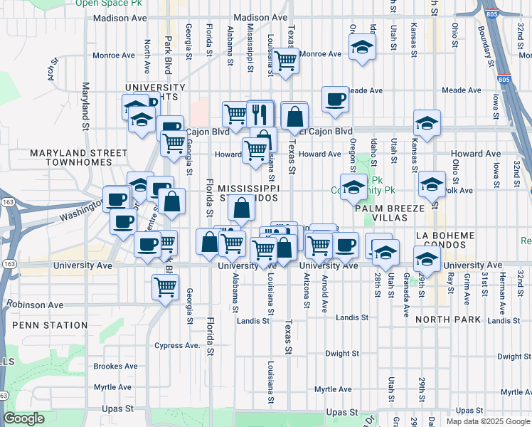 map of restaurants, bars, coffee shops, grocery stores, and more near 4035 Mississippi Street in San Diego