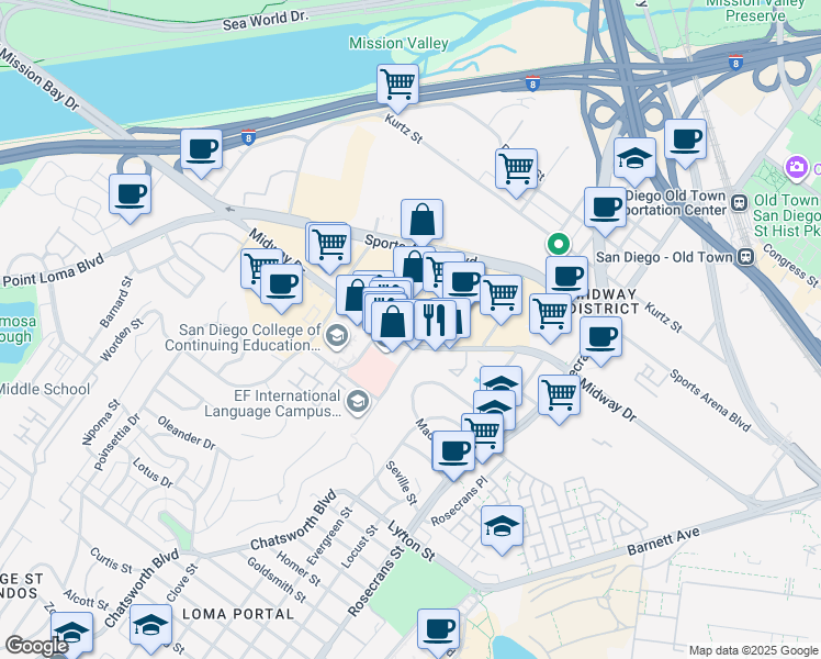 map of restaurants, bars, coffee shops, grocery stores, and more near 3450 Midway Drive in San Diego