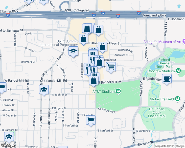 map of restaurants, bars, coffee shops, grocery stores, and more near 1020 North Collins Street in Arlington