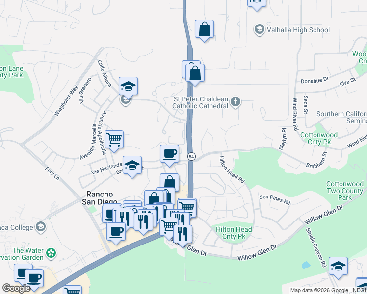 map of restaurants, bars, coffee shops, grocery stores, and more near 12391 Via Hacienda in El Cajon