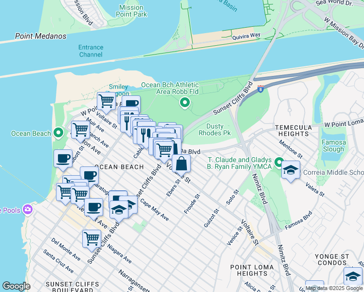 map of restaurants, bars, coffee shops, grocery stores, and more near 4770-72 West Point Loma Boulevard in San Diego