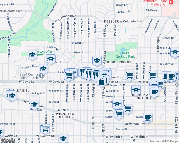 map of restaurants, bars, coffee shops, grocery stores, and more near 1125 Kings Hwy in Dallas