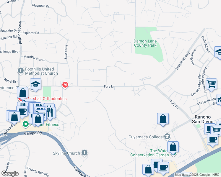map of restaurants, bars, coffee shops, grocery stores, and more near 3907 Julie Lane in La Mesa