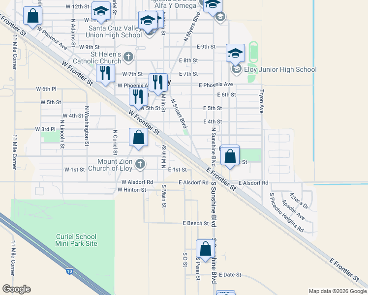 map of restaurants, bars, coffee shops, grocery stores, and more near 116 East Frontier Street in Eloy