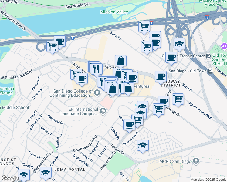 map of restaurants, bars, coffee shops, grocery stores, and more near 3450 Midway Drive in San Diego