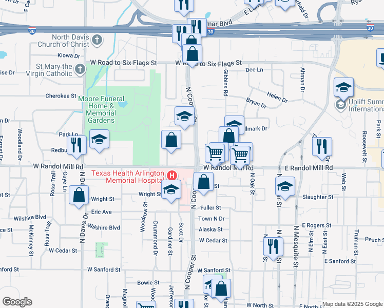 map of restaurants, bars, coffee shops, grocery stores, and more near 1012 North Cooper Street in Arlington