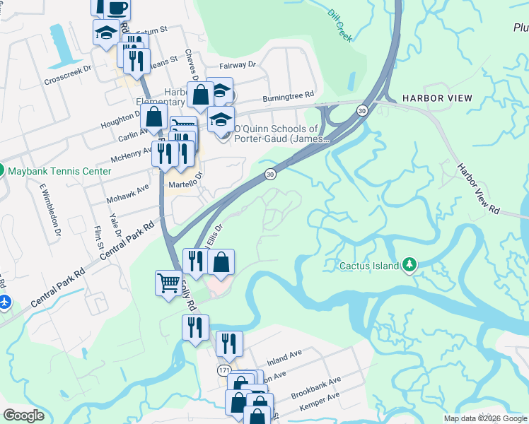 map of restaurants, bars, coffee shops, grocery stores, and more near 700 Daniel Ellis Drive in Charleston