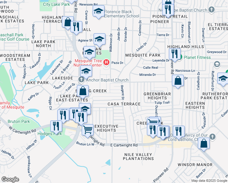 map of restaurants, bars, coffee shops, grocery stores, and more near 415 Essex Drive in Mesquite