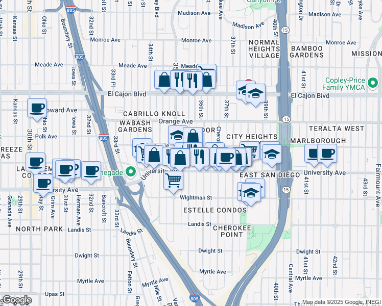map of restaurants, bars, coffee shops, grocery stores, and more near 4073 Wilson Avenue in San Diego