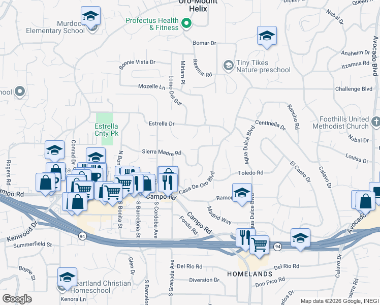 map of restaurants, bars, coffee shops, grocery stores, and more near 10142 Sierra Madre Road in Spring Valley