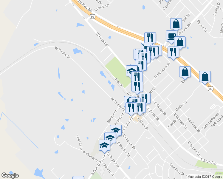 map of restaurants, bars, coffee shops, grocery stores, and more near 314 West Trinity Street in Forney