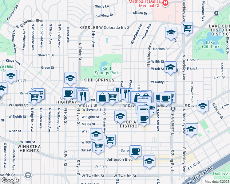 map of restaurants, bars, coffee shops, grocery stores, and more near 620 Winston Street in Dallas