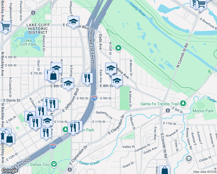 map of restaurants, bars, coffee shops, grocery stores, and more near 1126 East 8th Street in Dallas
