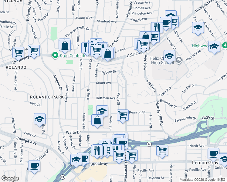 map of restaurants, bars, coffee shops, grocery stores, and more near 4026 Violet Street in La Mesa