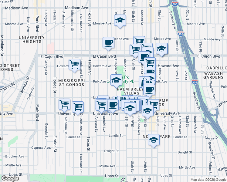 map of restaurants, bars, coffee shops, grocery stores, and more near 4041 Oregon Street in San Diego