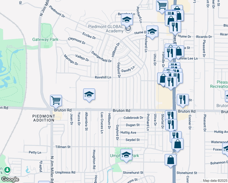 map of restaurants, bars, coffee shops, grocery stores, and more near 2204 Hillburn Drive in Dallas