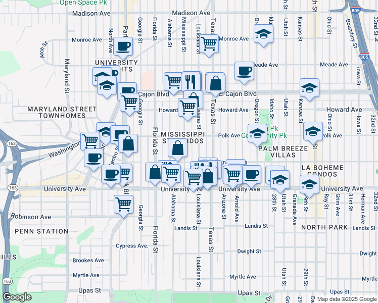 map of restaurants, bars, coffee shops, grocery stores, and more near 4035 Mississippi Street in San Diego