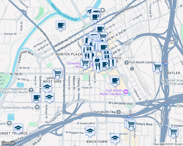 map of restaurants, bars, coffee shops, grocery stores, and more near 307-309 West 7th Street in Fort Worth