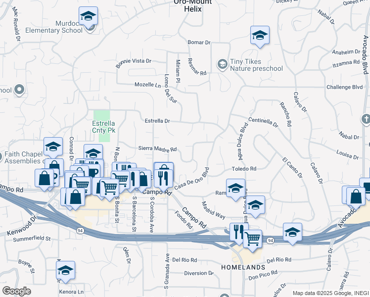 map of restaurants, bars, coffee shops, grocery stores, and more near 10142 Sierra Madre Road in Spring Valley