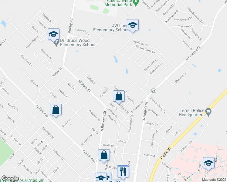 map of restaurants, bars, coffee shops, grocery stores, and more near 100 Jaycee Street in Terrell