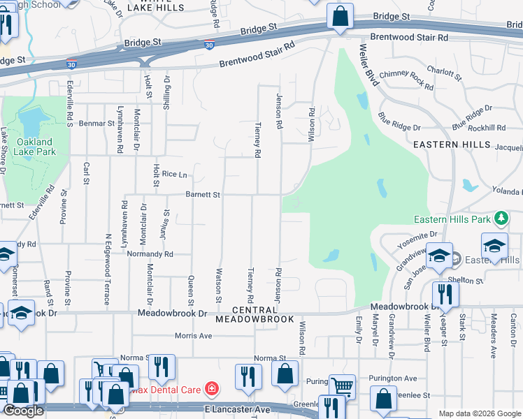 map of restaurants, bars, coffee shops, grocery stores, and more near 1915 Tierney Road in Fort Worth