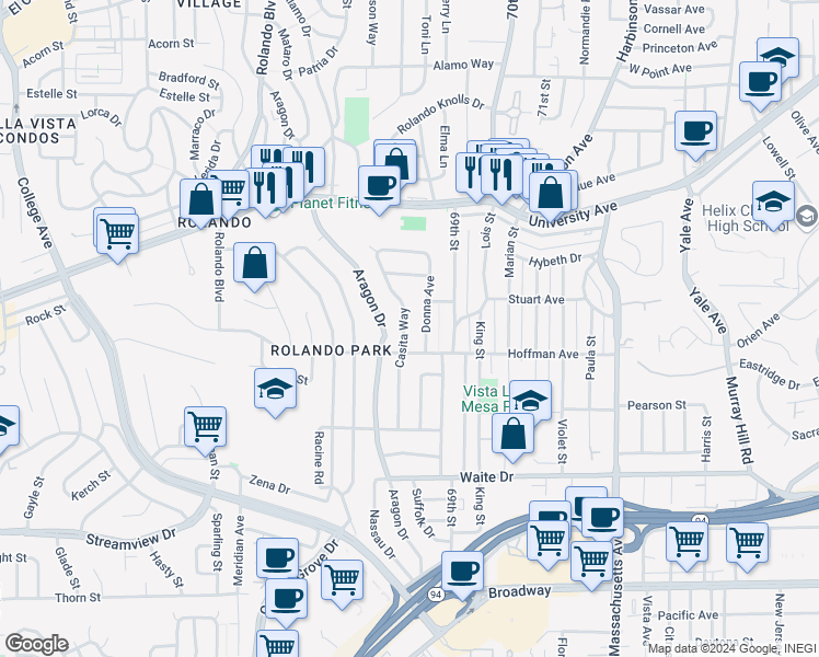 map of restaurants, bars, coffee shops, grocery stores, and more near 4019 Casita Way in San Diego