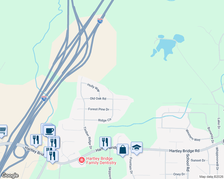 map of restaurants, bars, coffee shops, grocery stores, and more near 184 Ridge Circle in Macon