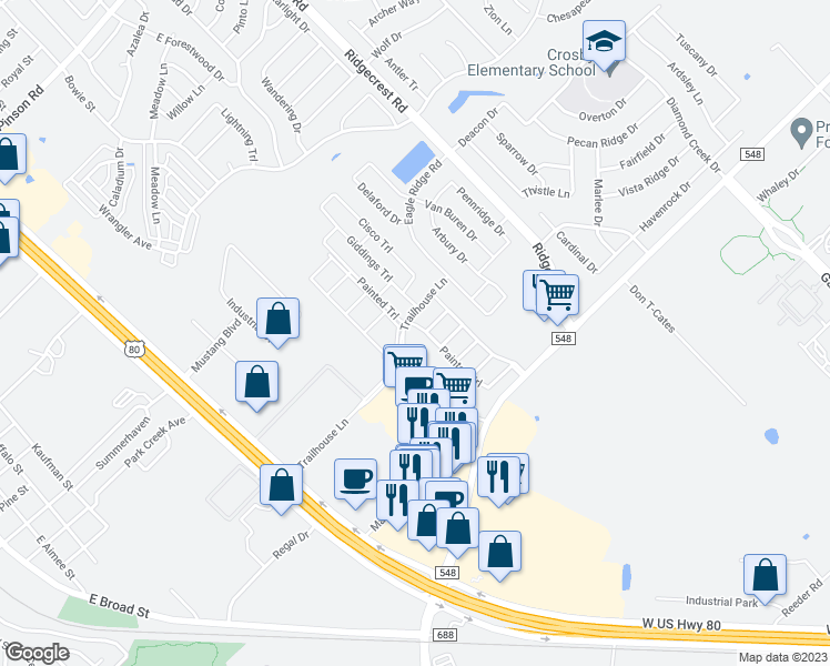 map of restaurants, bars, coffee shops, grocery stores, and more near 149 Painted Trail in Forney