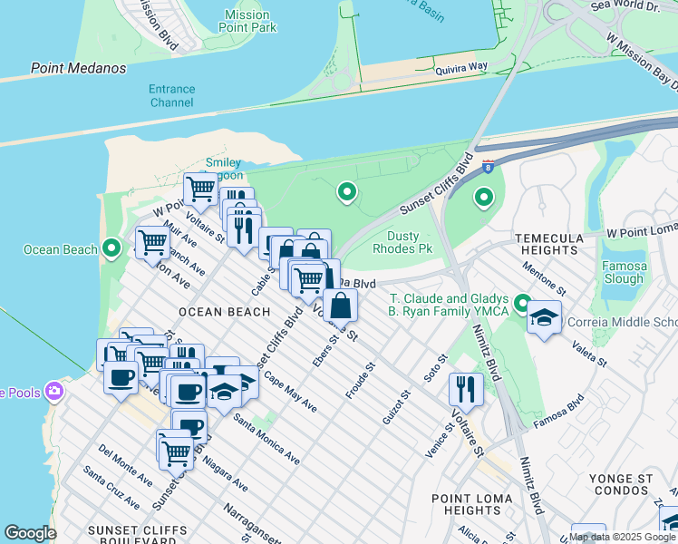map of restaurants, bars, coffee shops, grocery stores, and more near 4774 West Point Loma Boulevard in San Diego