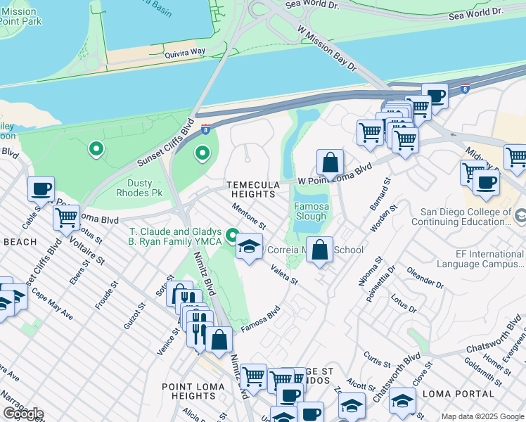 map of restaurants, bars, coffee shops, grocery stores, and more near 4363 Temecula Street in San Diego