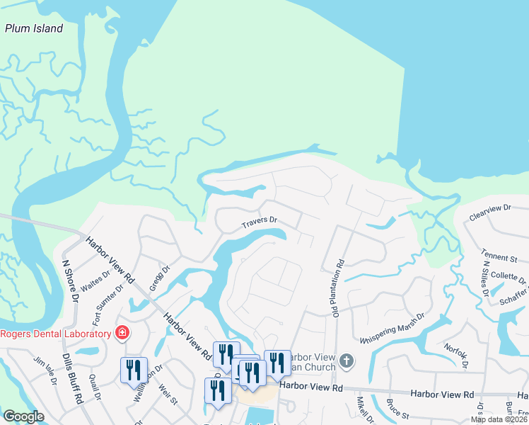 map of restaurants, bars, coffee shops, grocery stores, and more near 980 Travers Drive in Charleston