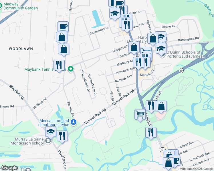 map of restaurants, bars, coffee shops, grocery stores, and more near 601 Flint Street in Charleston