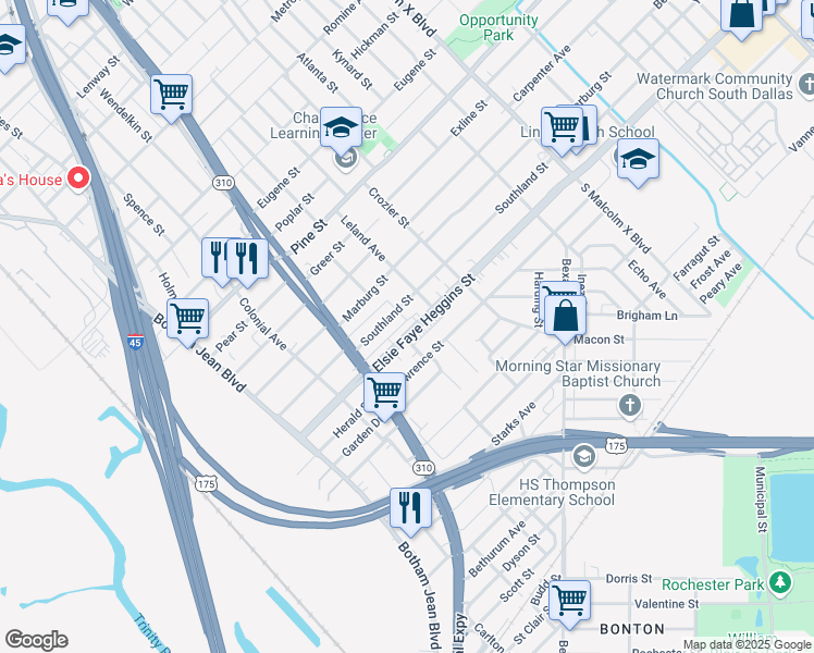map of restaurants, bars, coffee shops, grocery stores, and more near 2301 Elsie Faye Heggins Street in Dallas