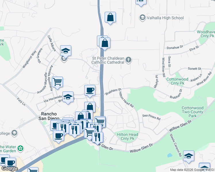 map of restaurants, bars, coffee shops, grocery stores, and more near 2164 Greencrest Drive in El Cajon