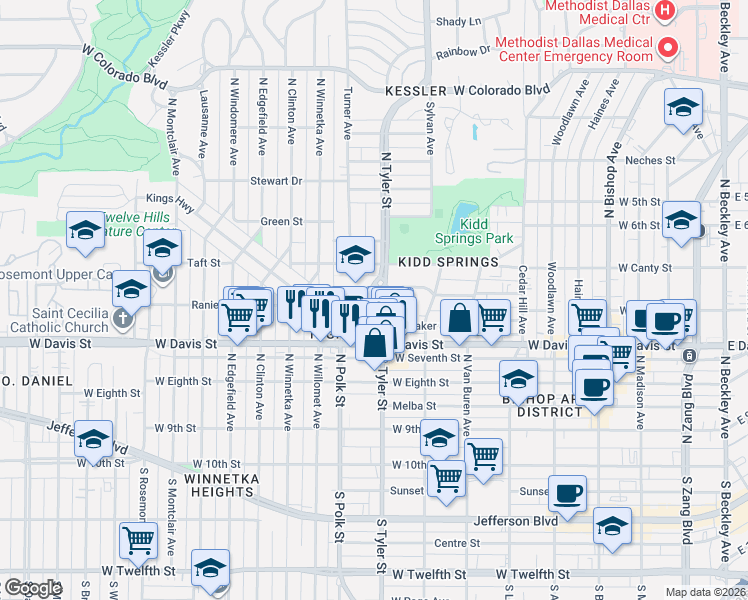 map of restaurants, bars, coffee shops, grocery stores, and more near 630 Turner Avenue in Dallas
