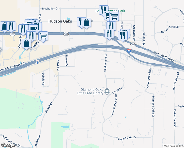 map of restaurants, bars, coffee shops, grocery stores, and more near 3124 Interstate 20 Frontage Road in Hudson Oaks