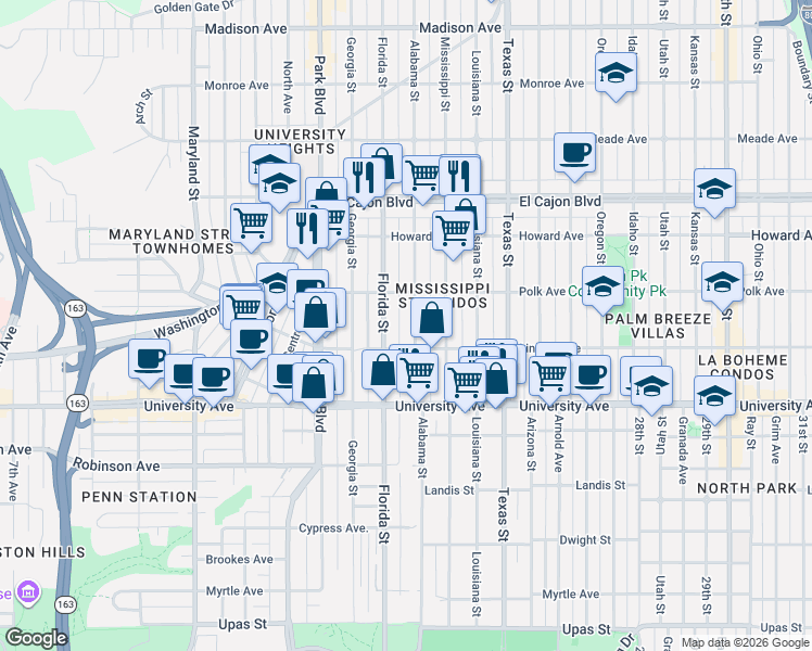 map of restaurants, bars, coffee shops, grocery stores, and more near 4025 Alabama Street in San Diego