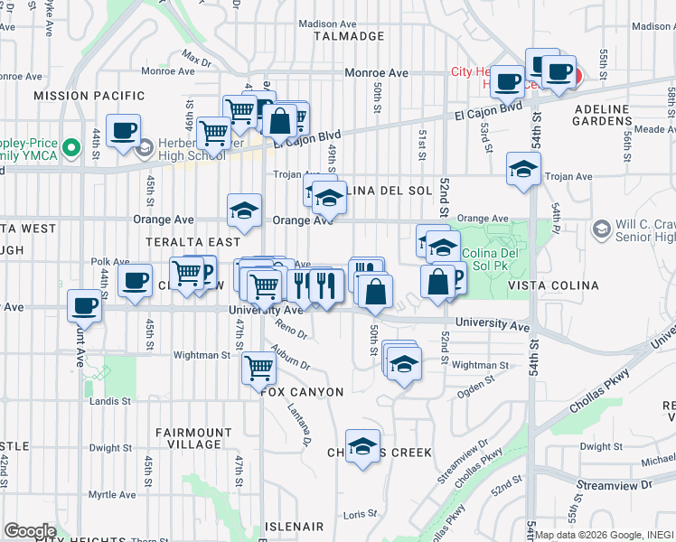map of restaurants, bars, coffee shops, grocery stores, and more near 4086 Winona Avenue in San Diego