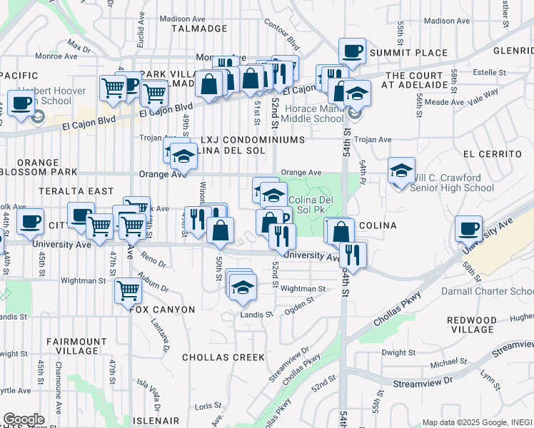 map of restaurants, bars, coffee shops, grocery stores, and more near 4080 52nd Street in San Diego