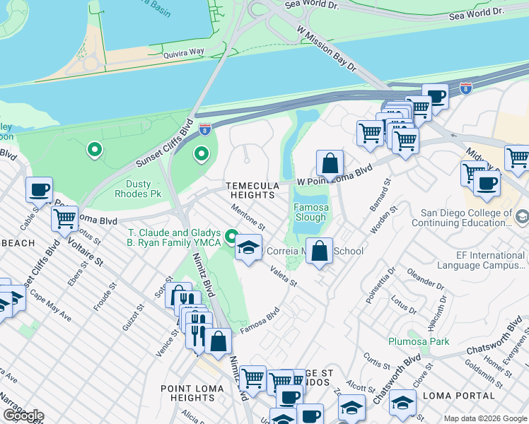 map of restaurants, bars, coffee shops, grocery stores, and more near 4359 Temecula Street in San Diego