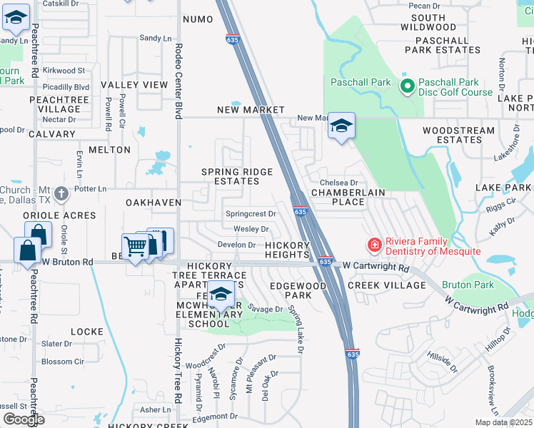 map of restaurants, bars, coffee shops, grocery stores, and more near 1411 Springcrest Drive in Mesquite