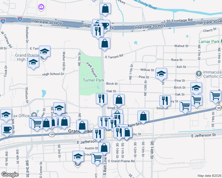 map of restaurants, bars, coffee shops, grocery stores, and more near 822 Oak Street in Grand Prairie