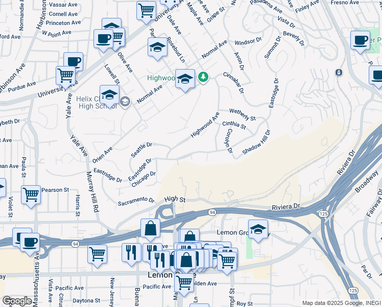 map of restaurants, bars, coffee shops, grocery stores, and more near Eastridge Drive in La Mesa
