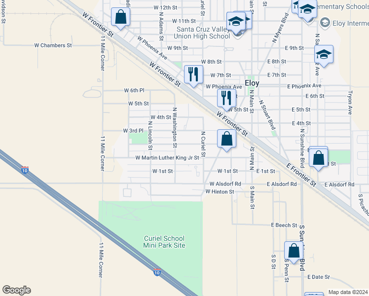 map of restaurants, bars, coffee shops, grocery stores, and more near 323 West 2nd Place in Eloy