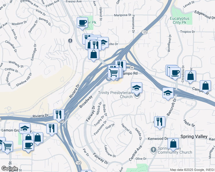 map of restaurants, bars, coffee shops, grocery stores, and more near 3753 Fairway Drive in La Mesa