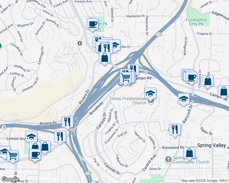 map of restaurants, bars, coffee shops, grocery stores, and more near 3753 Fairway Drive in La Mesa