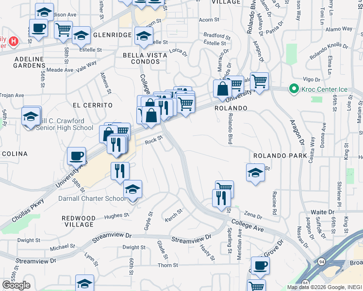 map of restaurants, bars, coffee shops, grocery stores, and more near 3965 College Avenue in San Diego