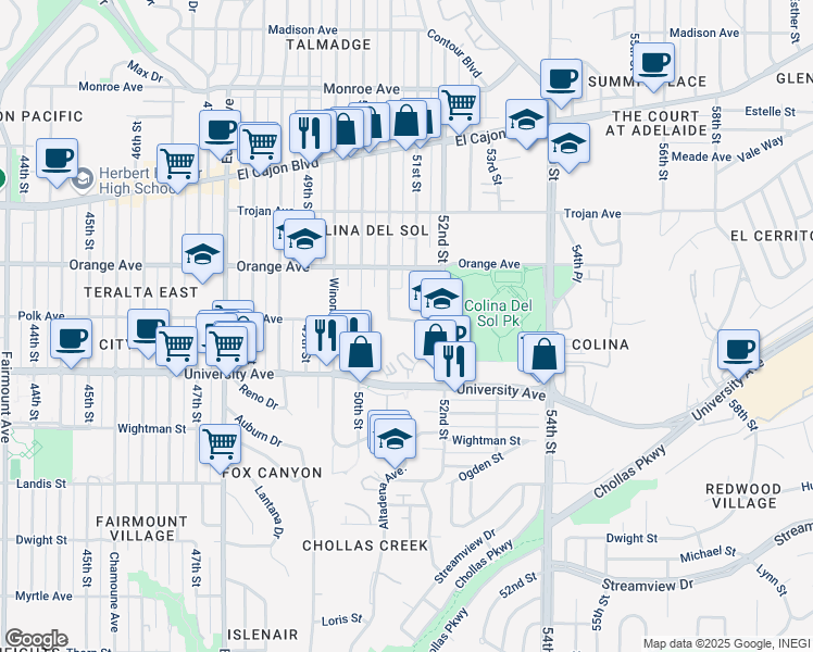 map of restaurants, bars, coffee shops, grocery stores, and more near 5063 Polk Avenue in San Diego