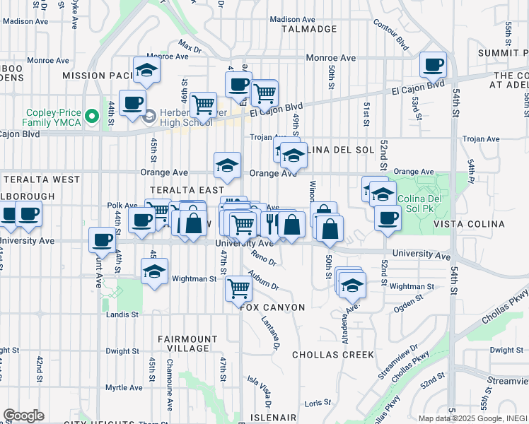 map of restaurants, bars, coffee shops, grocery stores, and more near 4074 48th Street in San Diego